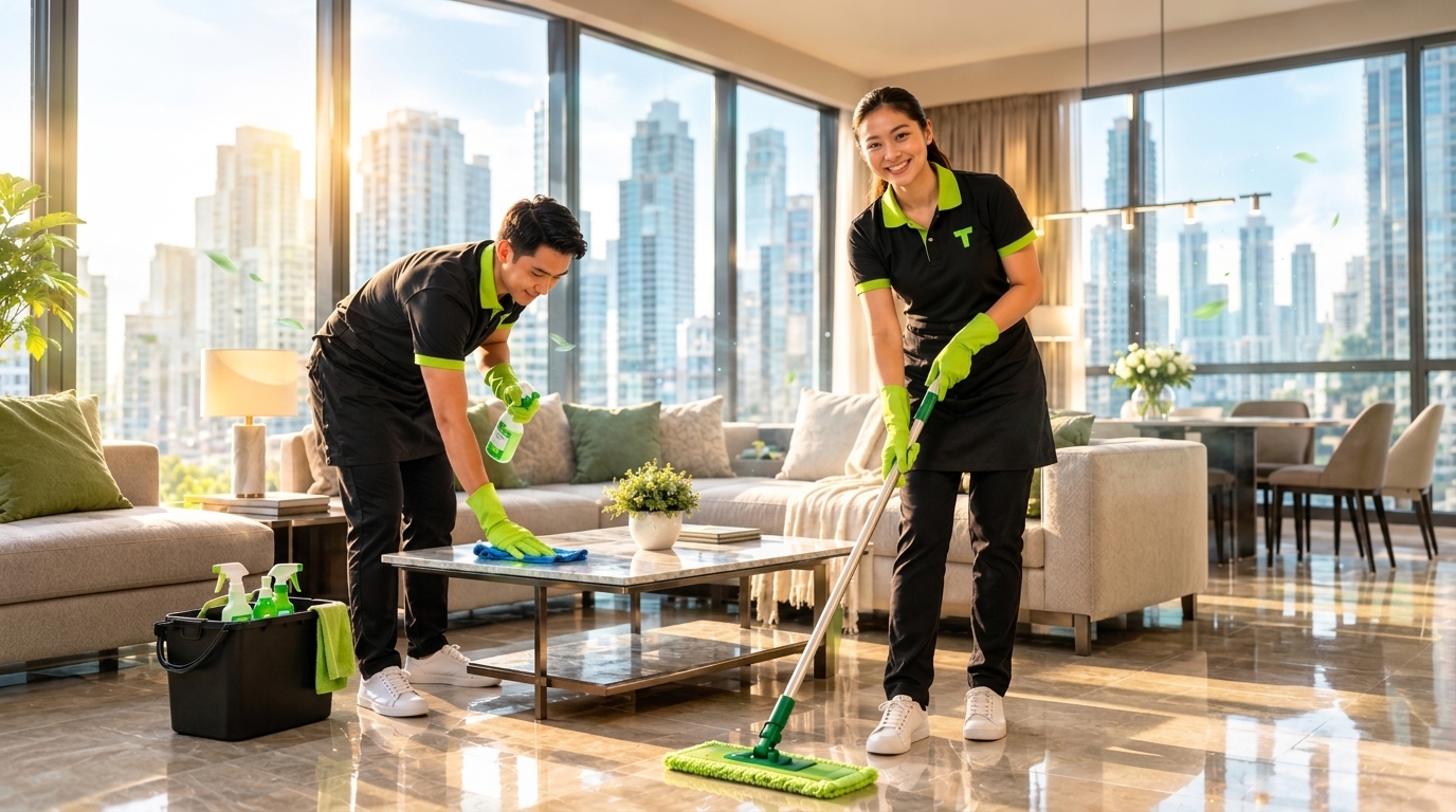 Two professional TrustMop male and female cleaners in matching branded polo uniforms expertly cleaning a luxury high-rise condominium in BGC Taguig overlooking the skyline